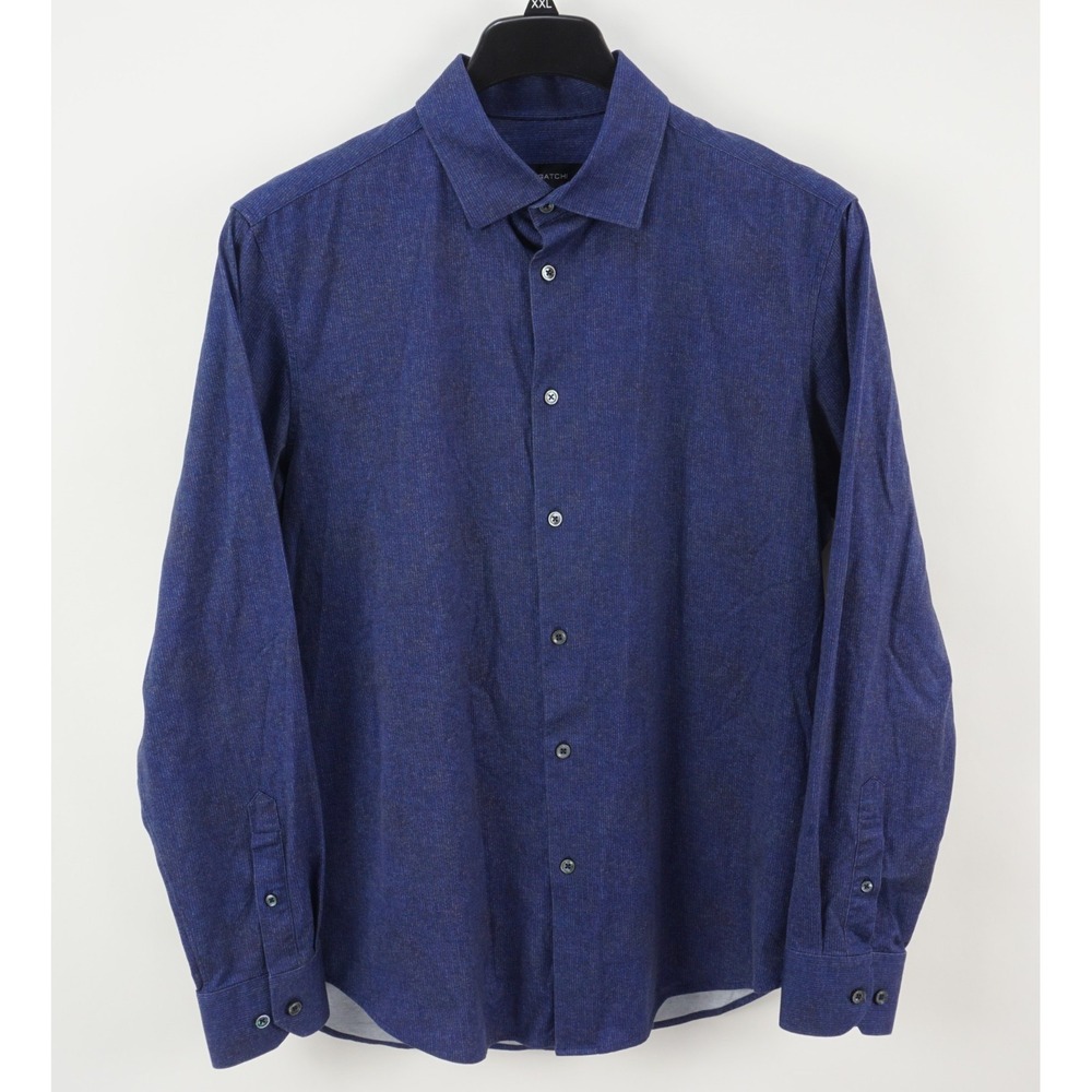 Bugatchi 8-Way-Stretch Performance Shirt Men Large Blue Herringbone Stripe Fleck